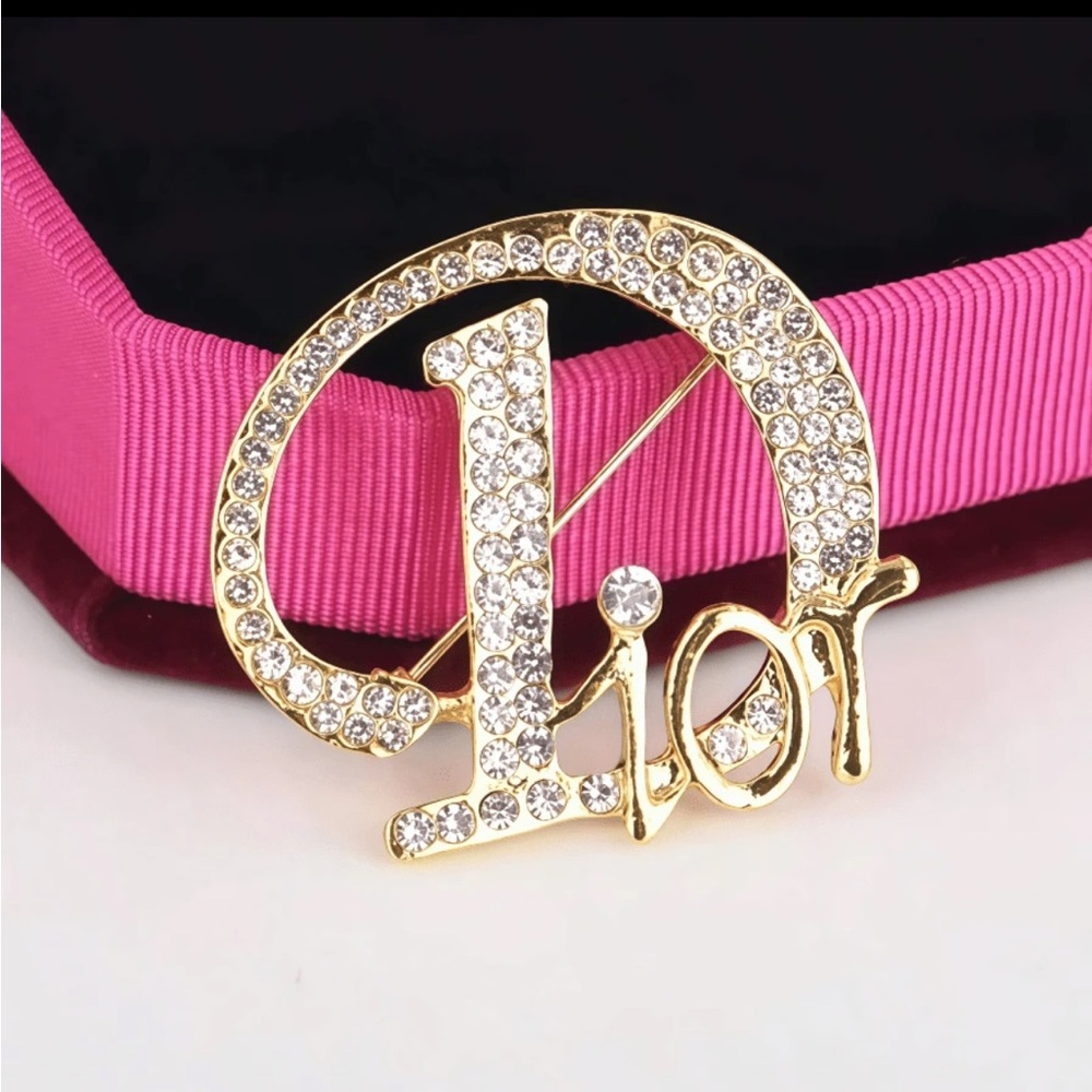 Gold and Crystal Logo Brooch